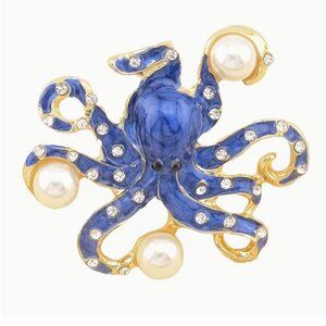 Betsey Johnson Blue Enamel Octopus Brooch Crystal & Imitation Pearl Gold Tone